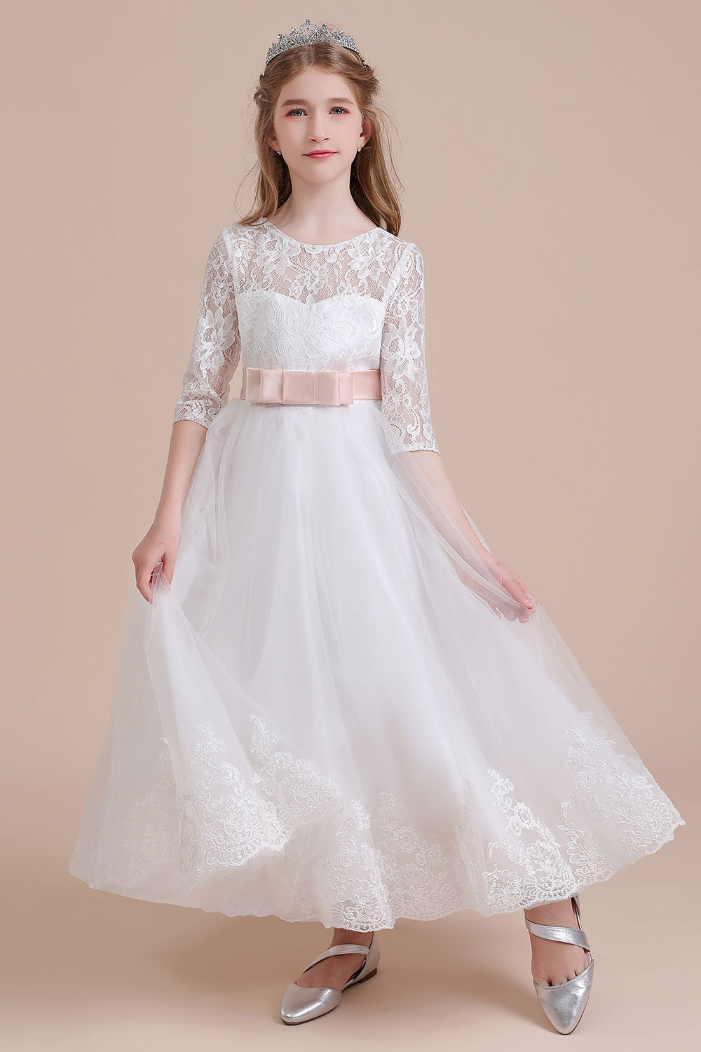 A-Line Illusion Lace Tulle Ankle Length Flower Girl Dress On Sale - Fashionpara