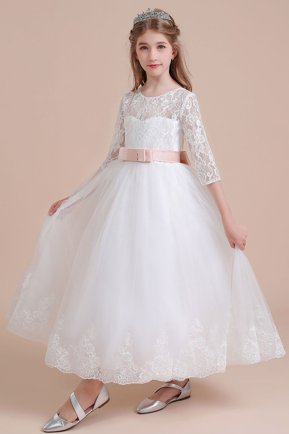 A-Line Illusion Lace Tulle Ankle Length Flower Girl Dress On Sale - Fashionpara