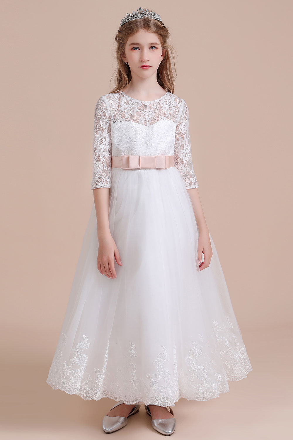 A-Line Illusion Lace Tulle Ankle Length Flower Girl Dress On Sale - Fashionpara