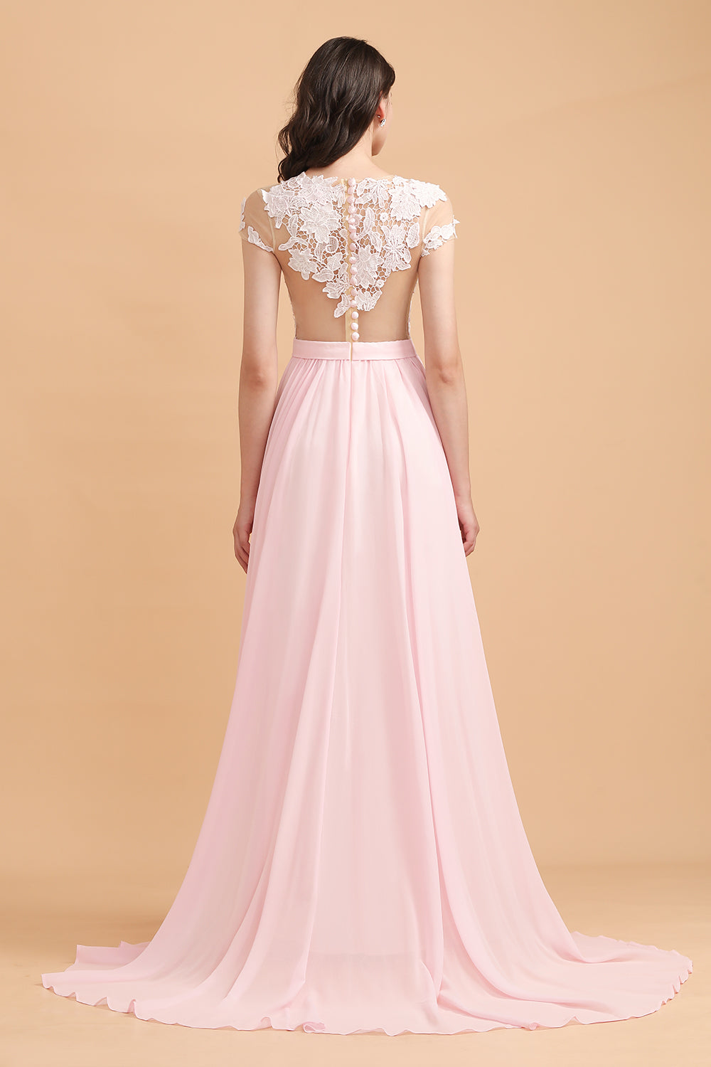 A-Line Jewel Chiffon Lace Ruffles Bridesmaid Dresses with Slit - Fashionpara