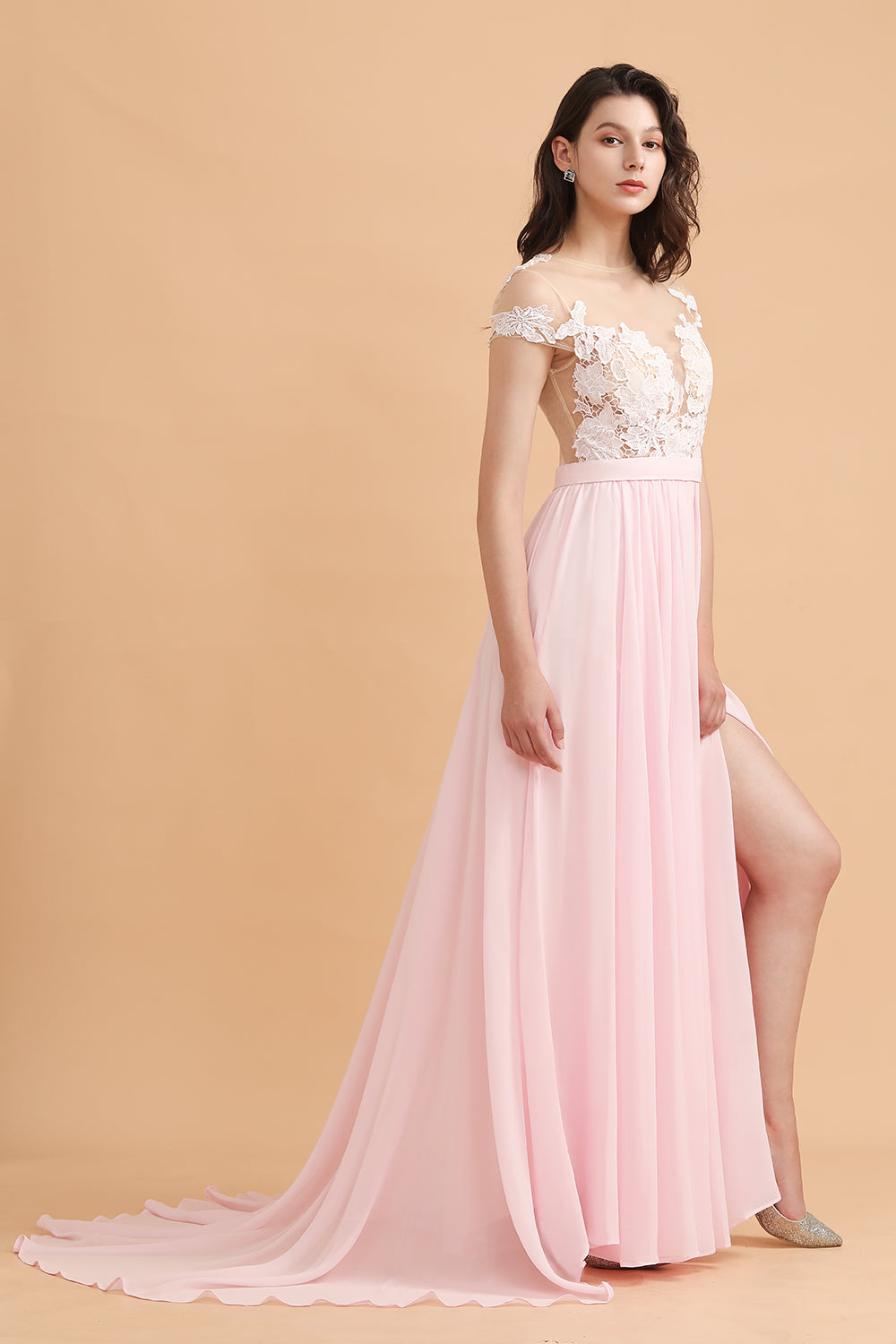 A-Line Jewel Chiffon Lace Ruffles Bridesmaid Dresses with Slit - Fashionpara