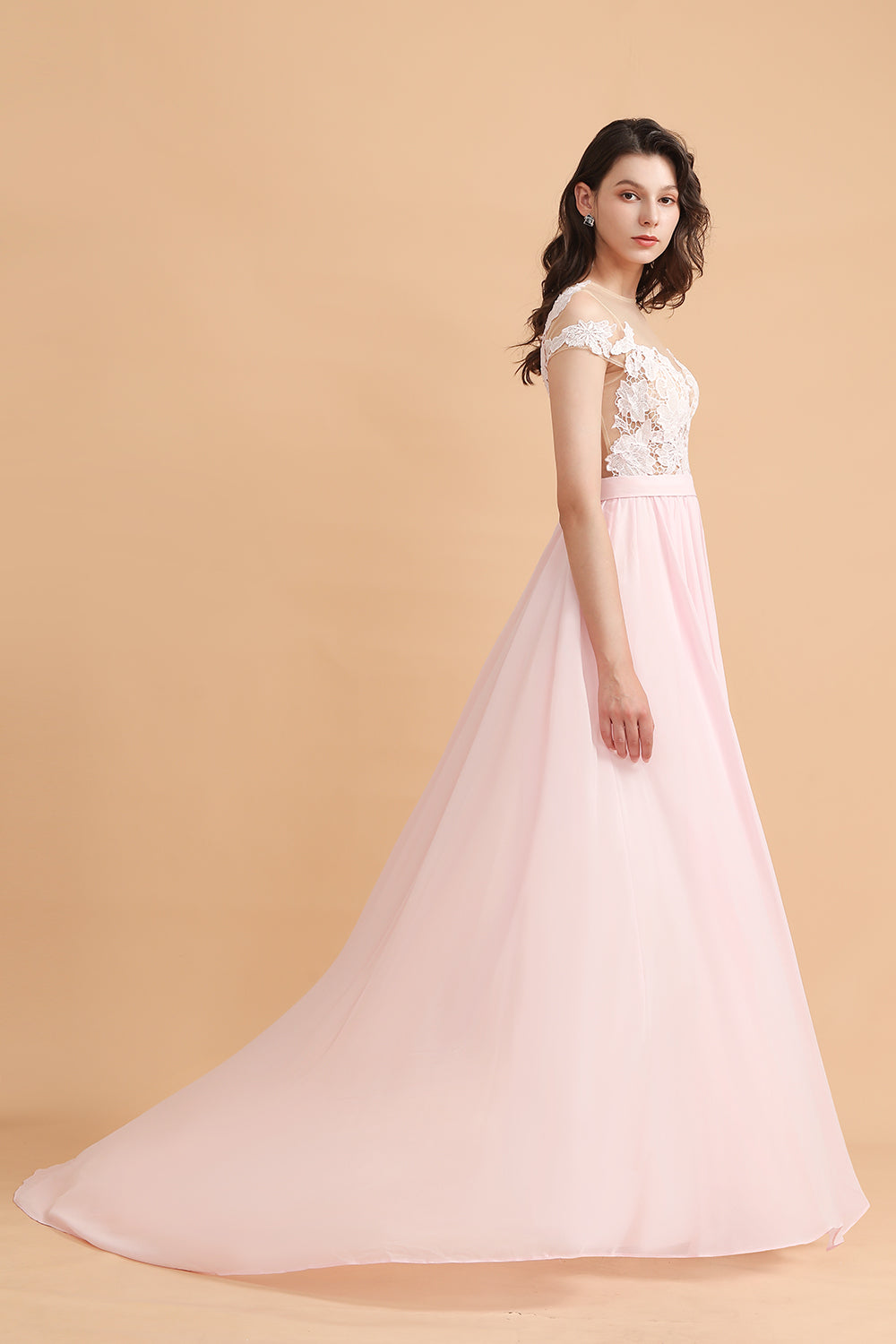A-Line Jewel Chiffon Lace Ruffles Bridesmaid Dresses with Slit - Fashionpara