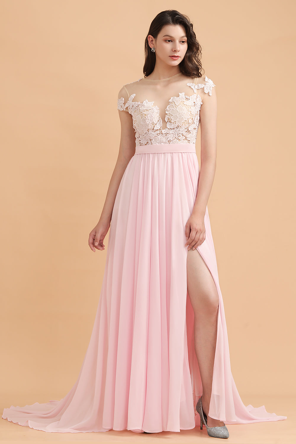 A-Line Jewel Chiffon Lace Ruffles Bridesmaid Dresses with Slit - Fashionpara