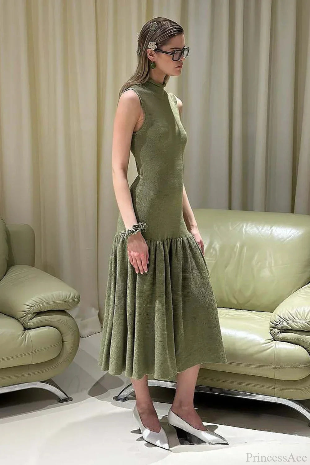 Knit Mock Neck Sleeveless Drop Waist Midi Dress 2