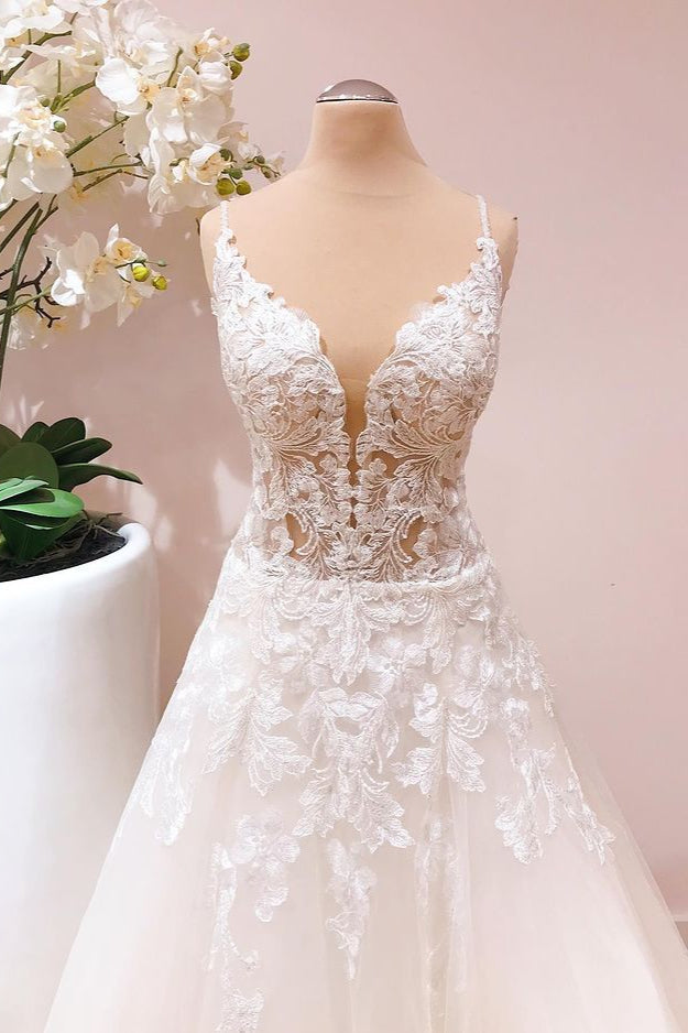 A-Line Lace Appliques Wedding Dress Tulle Bridal Gown - Fashionpara