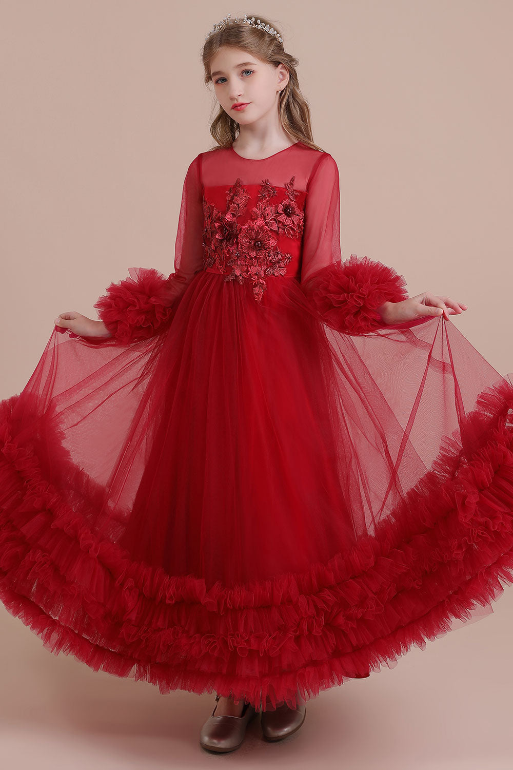 A-Line Long Sleeve Applique Tulle Flower Girl Dress On Sale - Fashionpara
