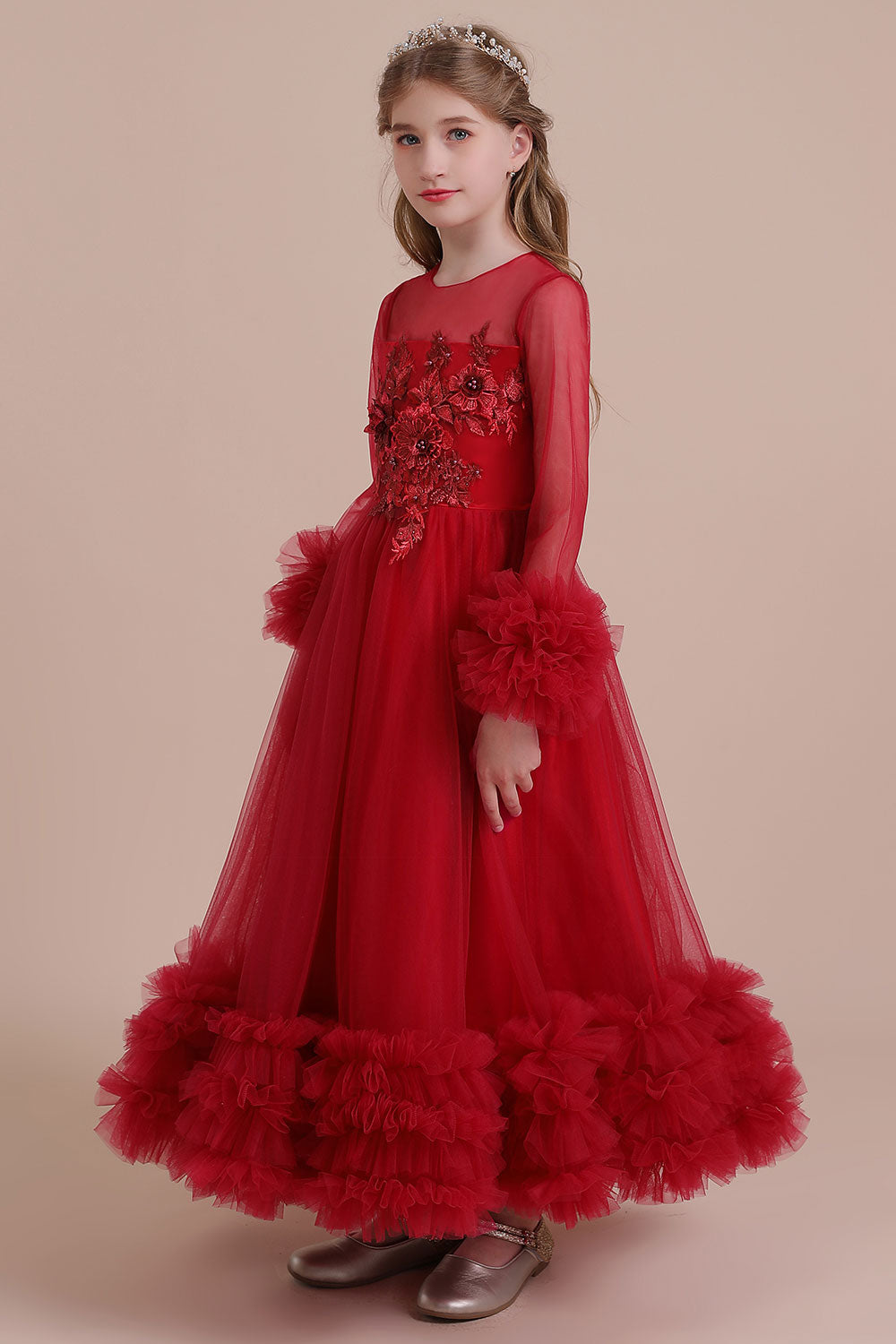A-Line Long Sleeve Applique Tulle Flower Girl Dress On Sale - Fashionpara
