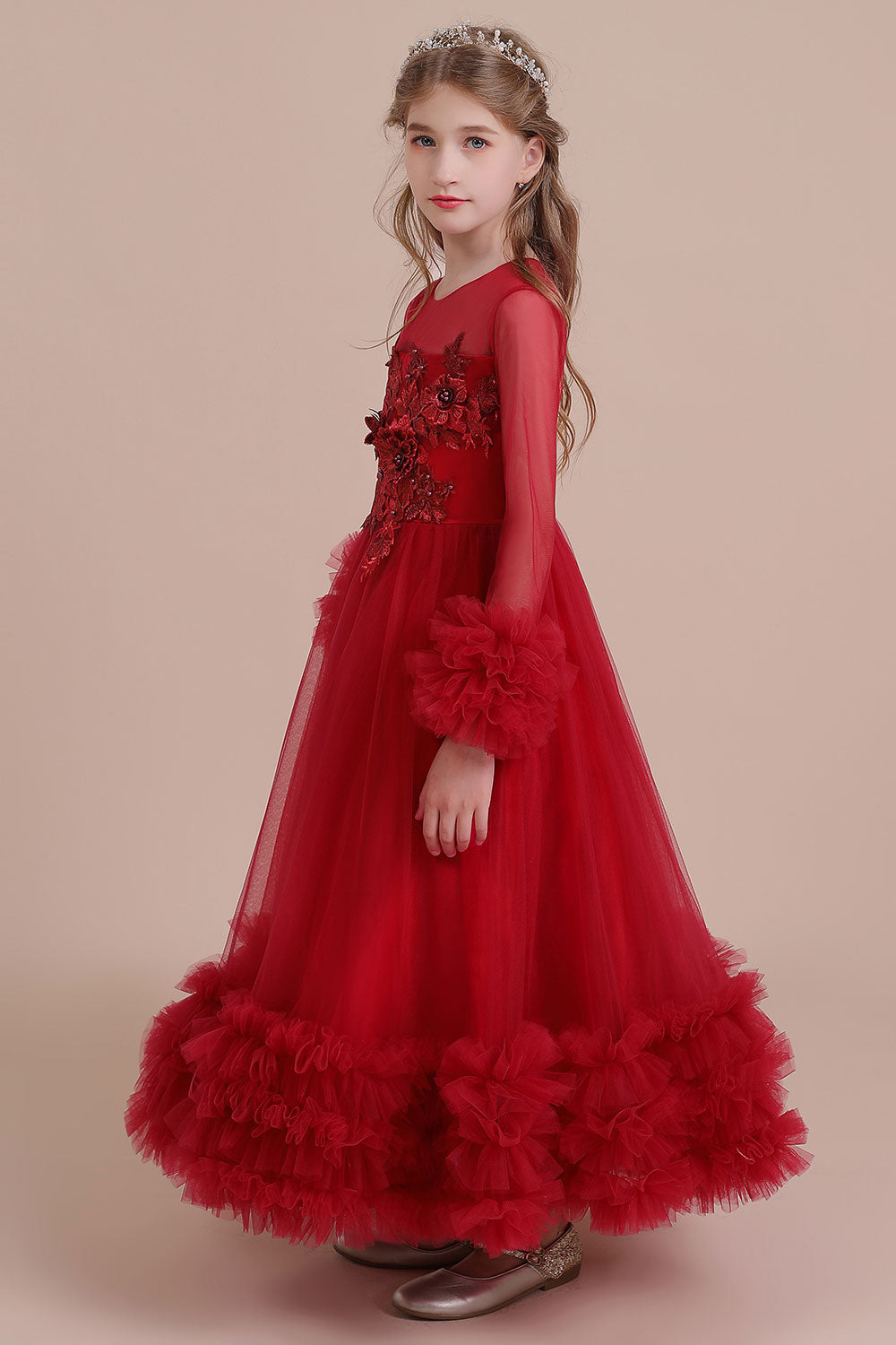 A-Line Long Sleeve Applique Tulle Flower Girl Dress On Sale - Fashionpara