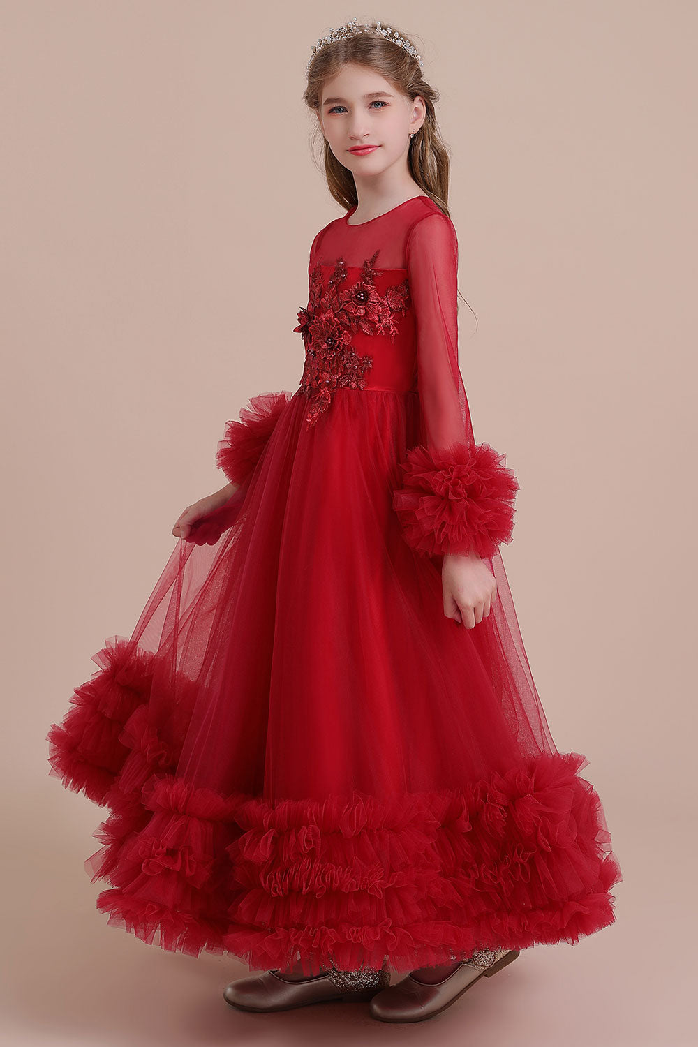 A-Line Long Sleeve Applique Tulle Flower Girl Dress On Sale - Fashionpara