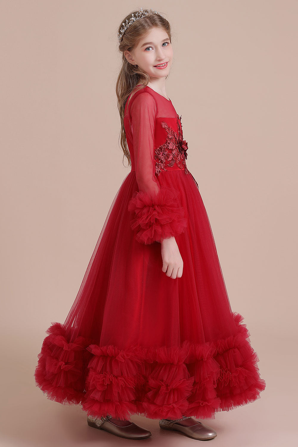 A-Line Long Sleeve Applique Tulle Flower Girl Dress On Sale - Fashionpara