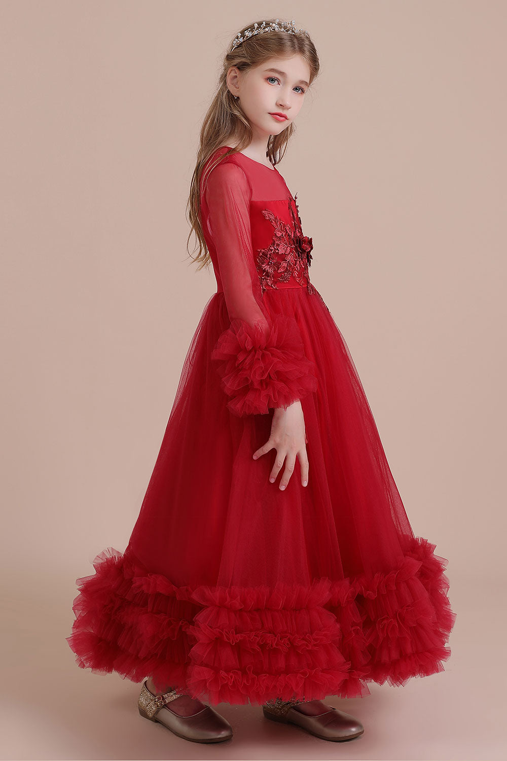 A-Line Long Sleeve Applique Tulle Flower Girl Dress On Sale - Fashionpara