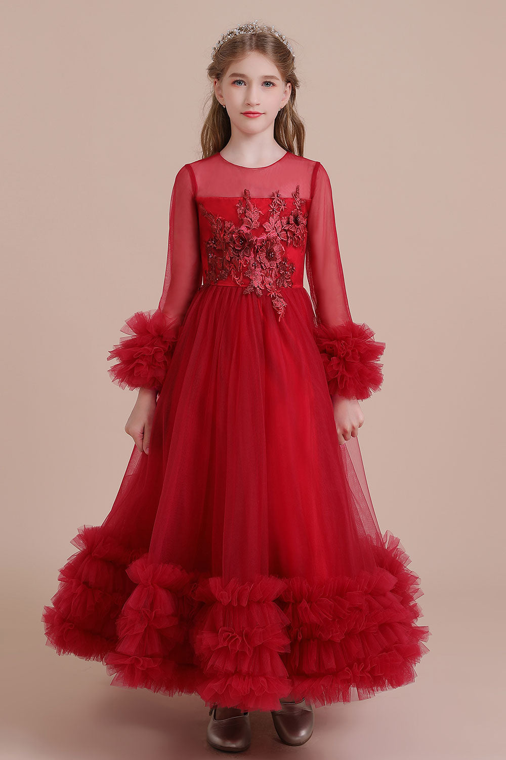 A-Line Long Sleeve Applique Tulle Flower Girl Dress On Sale - Fashionpara