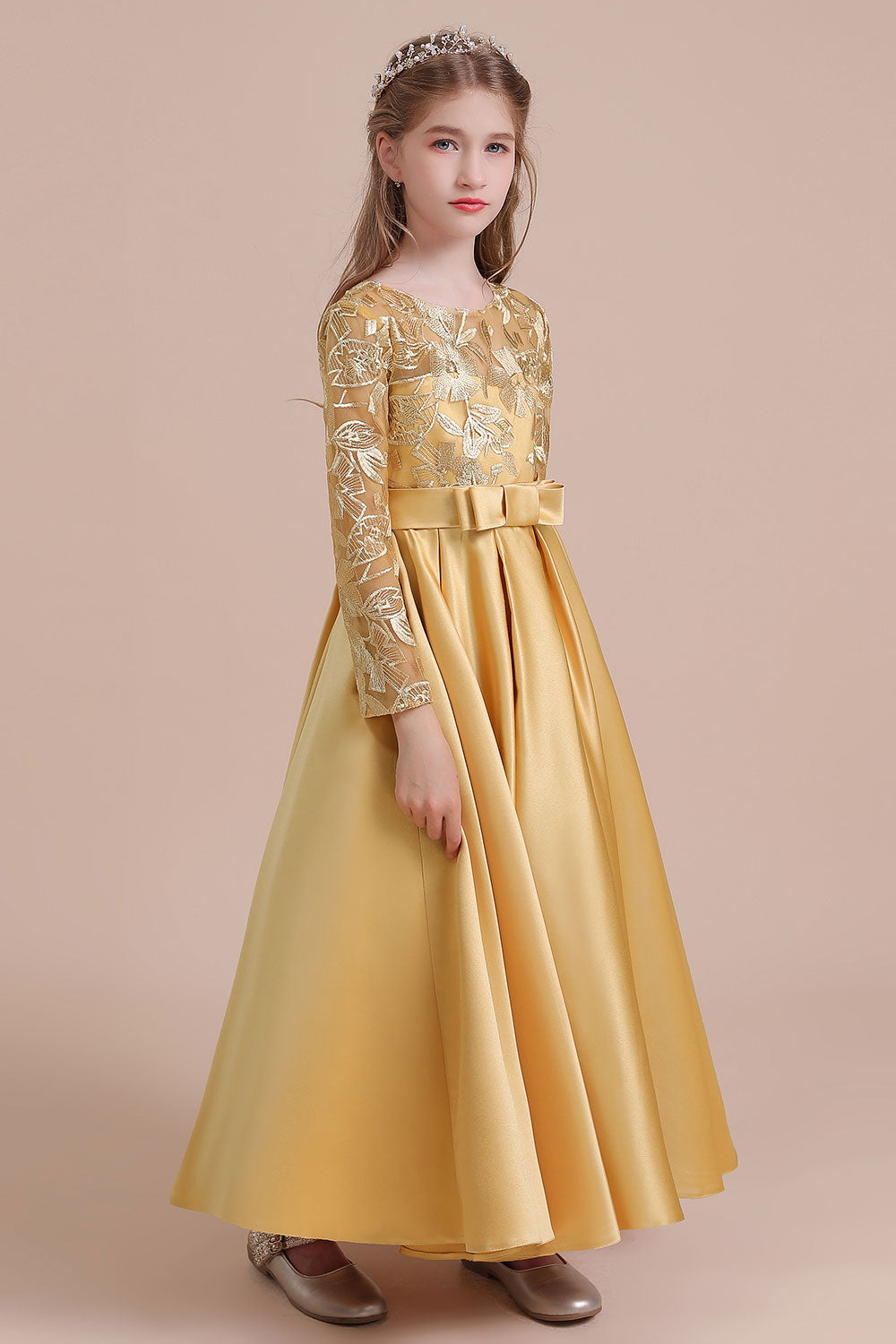 A-Line Long Sleeve Satin Ankle Length Flower Girl Dress - Fashionpara