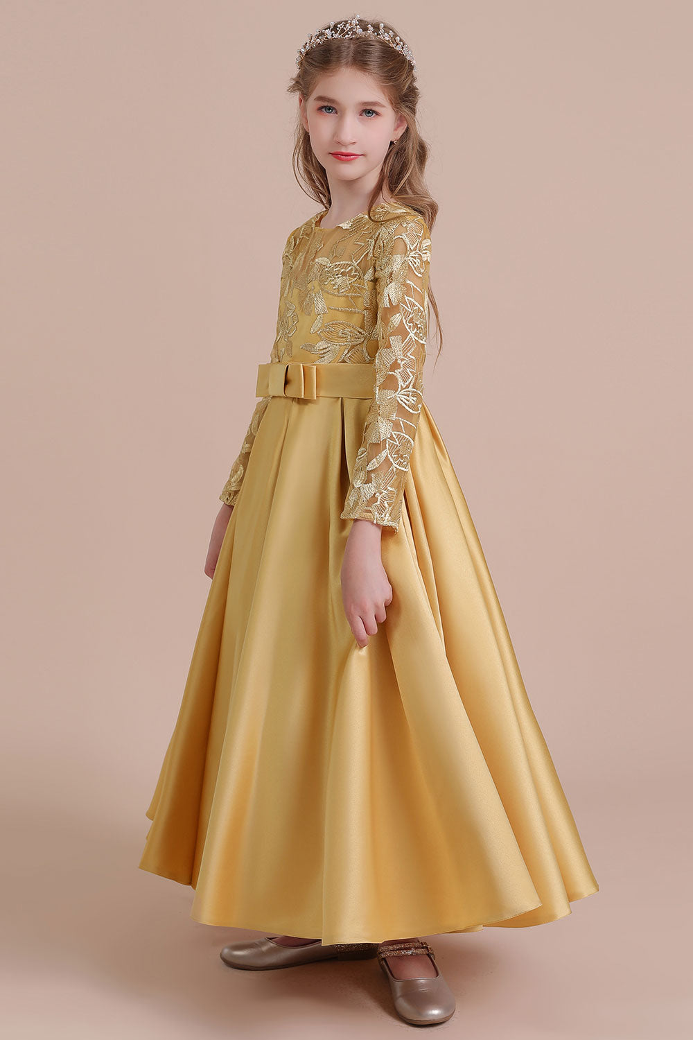 A-Line Long Sleeve Satin Ankle Length Flower Girl Dress - Fashionpara