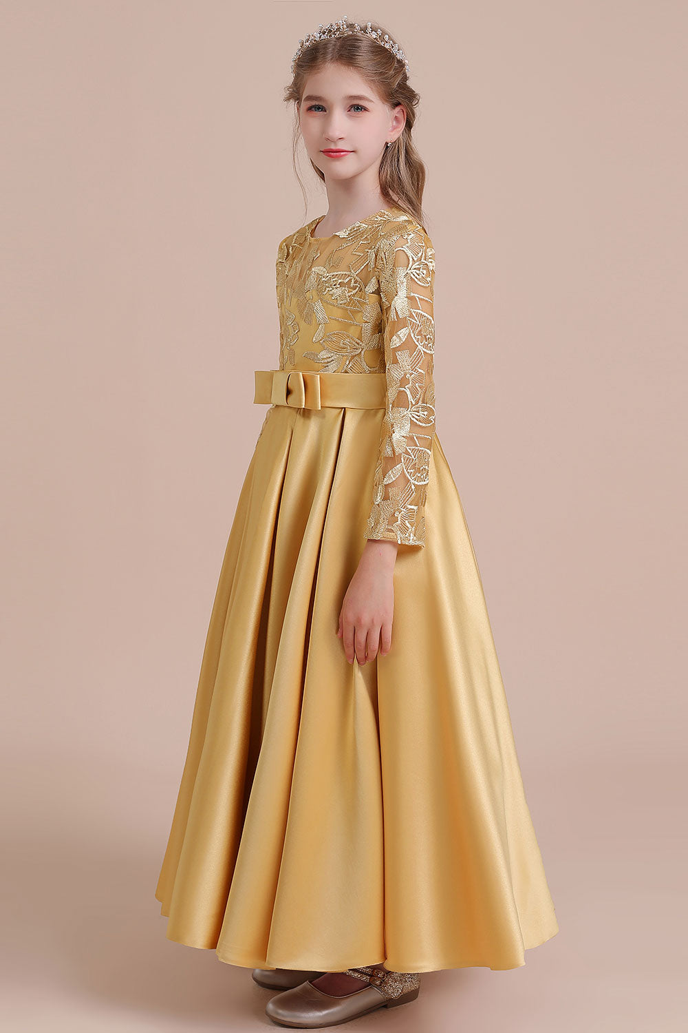 A-Line Long Sleeve Satin Ankle Length Flower Girl Dress - Fashionpara