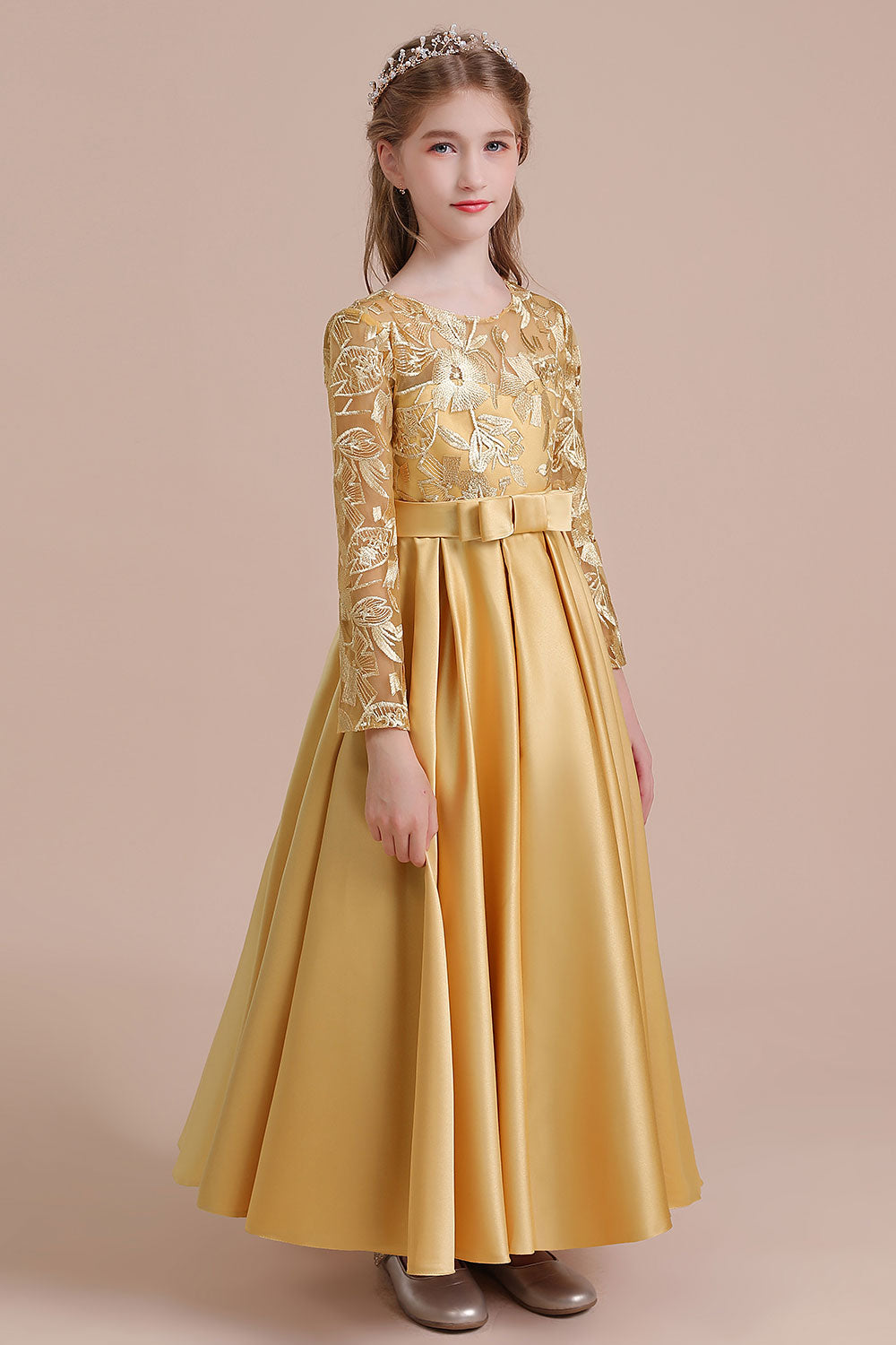 A-Line Long Sleeve Satin Ankle Length Flower Girl Dress - Fashionpara