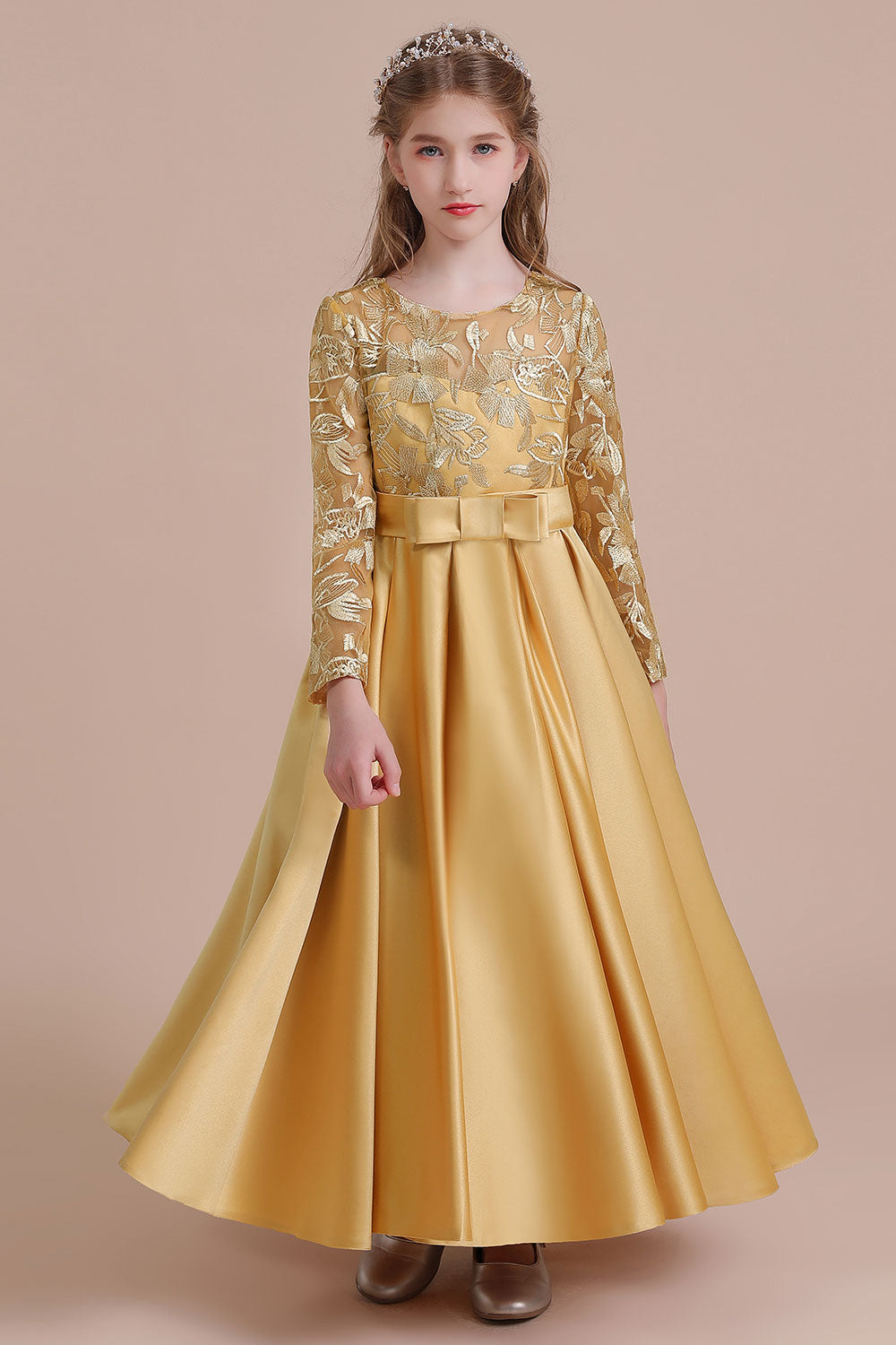A-Line Long Sleeve Satin Ankle Length Flower Girl Dress - Fashionpara
