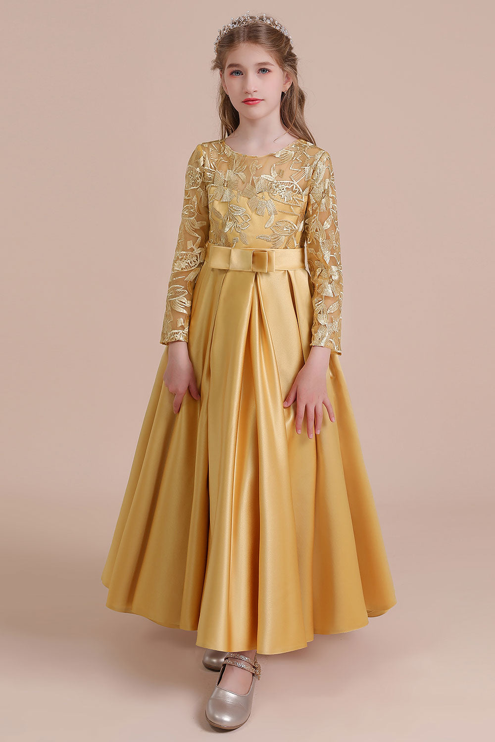 A-Line Long Sleeve Satin Ankle Length Flower Girl Dress - Fashionpara