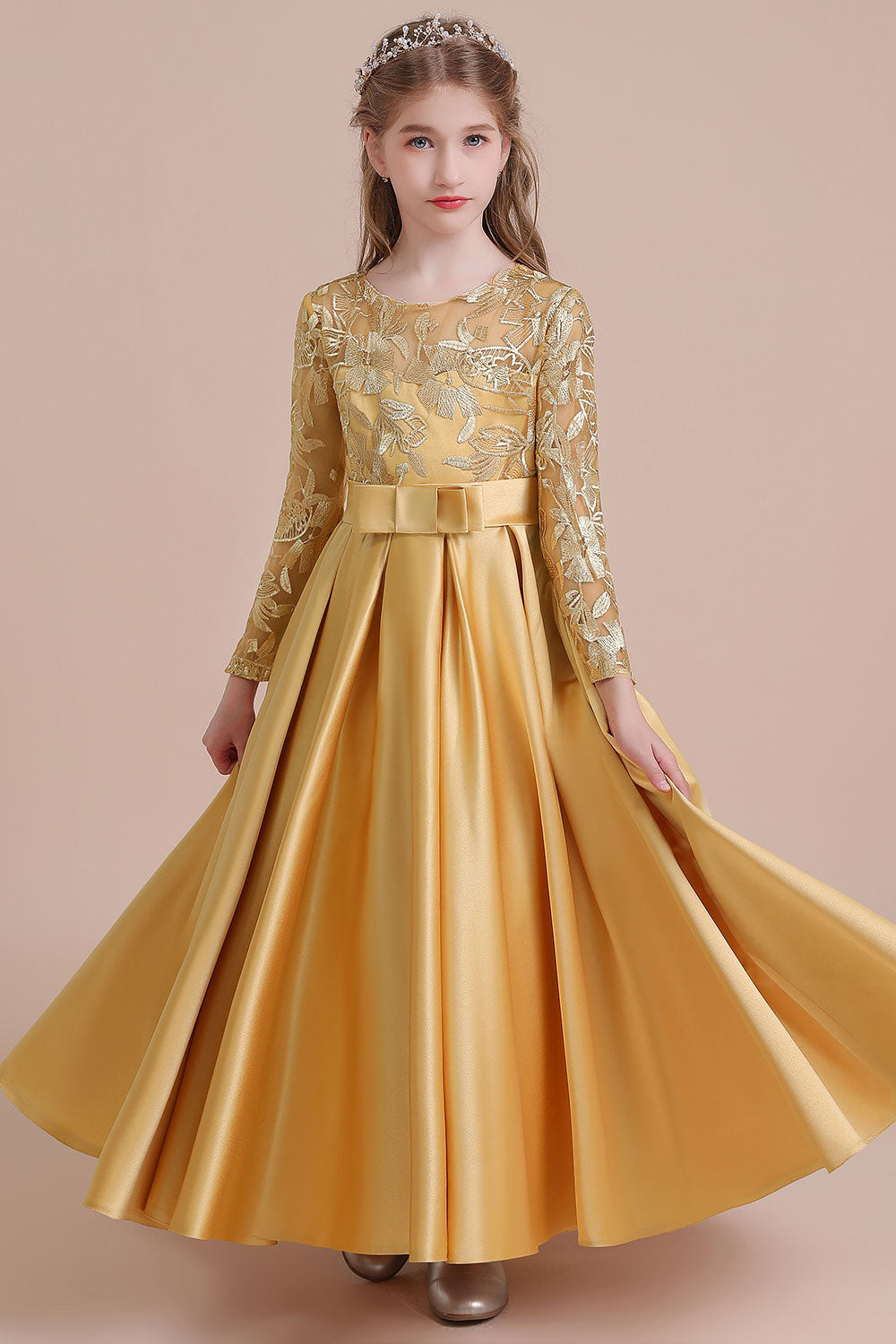 A-Line Long Sleeve Satin Ankle Length Flower Girl Dress - Fashionpara