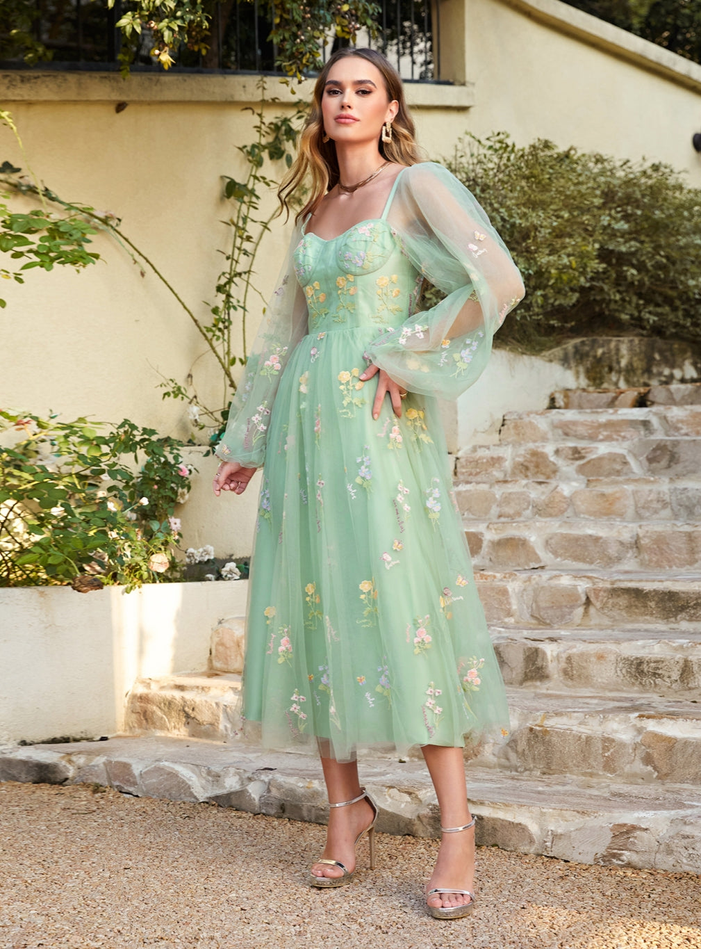 Glamorous A-line Long Sleeves Floral Ankle Length Dress - Fashionpara