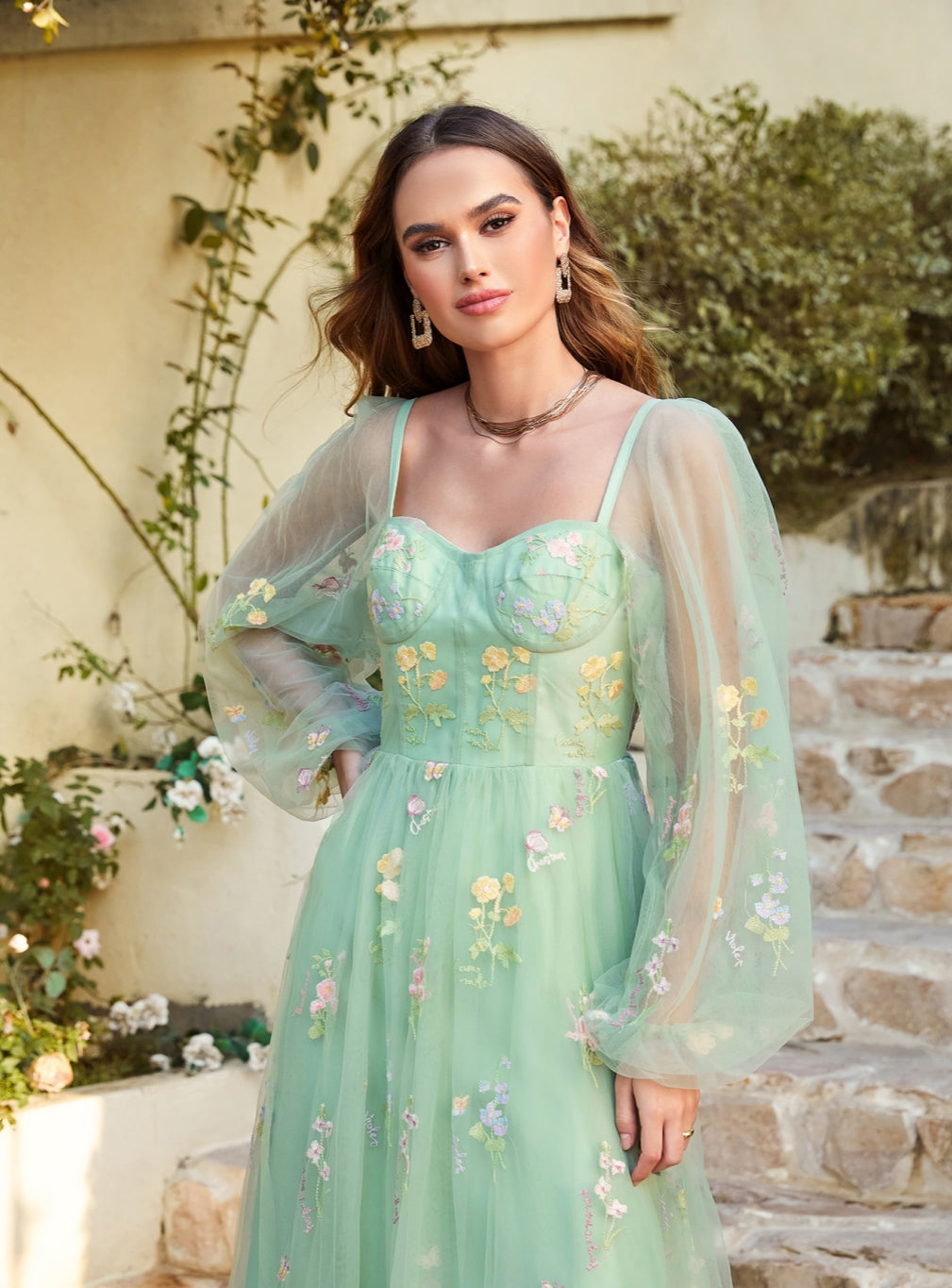 Glamorous A-line Long Sleeves Floral Ankle Length Dress - Fashionpara
