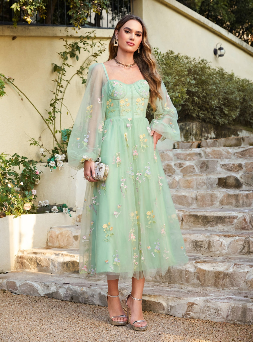 Glamorous A-line Long Sleeves Floral Ankle Length Dress - Fashionpara