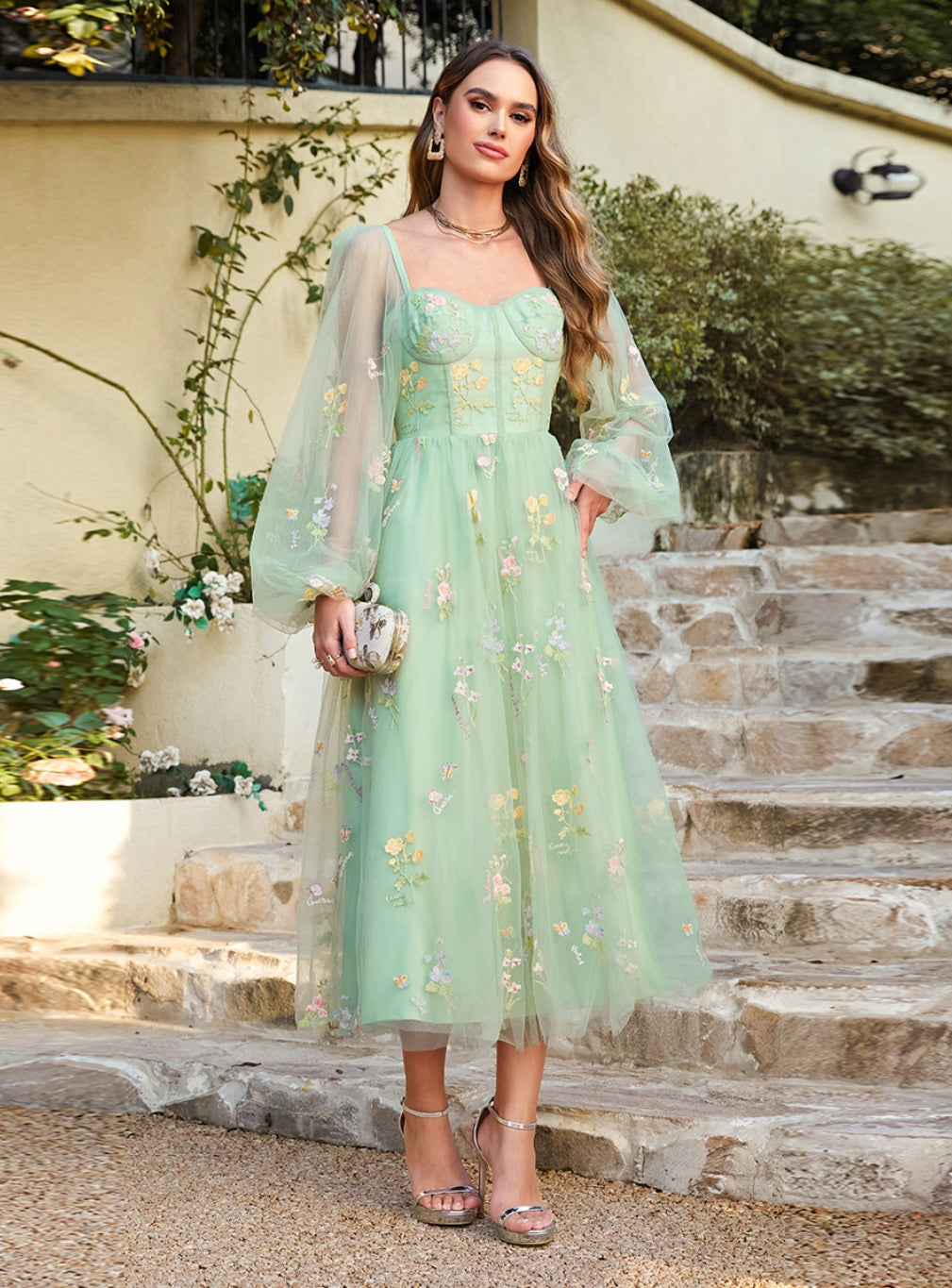Glamorous A-line Long Sleeves Floral Ankle Length Dress - Fashionpara