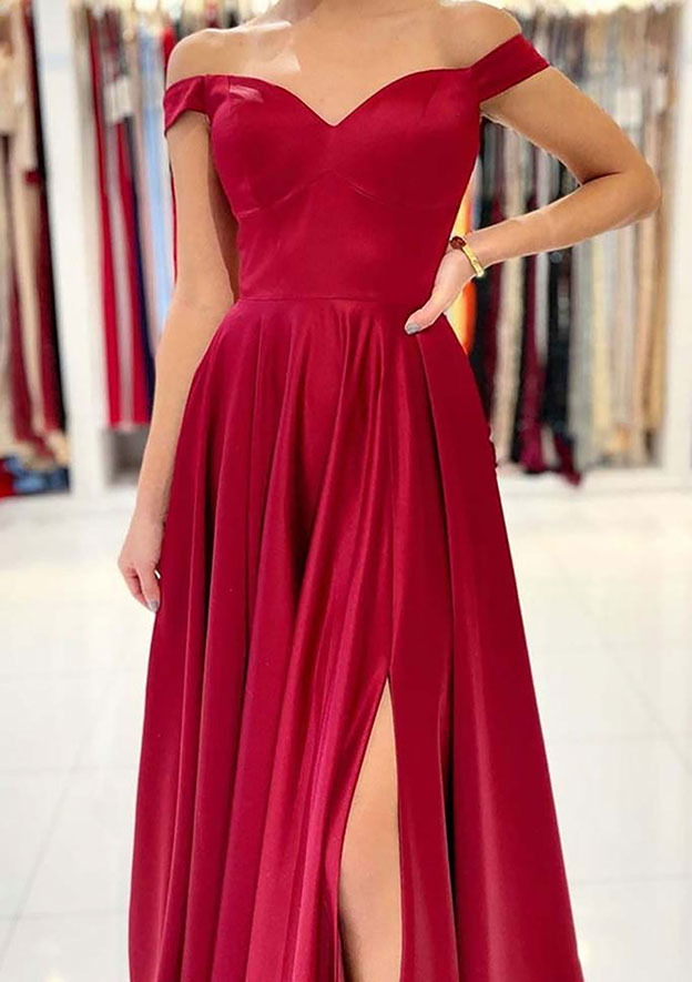 A-Line Off-the-Shoulder Long Satin Prom Dress/Evening Dress with Split - Fashionpara
