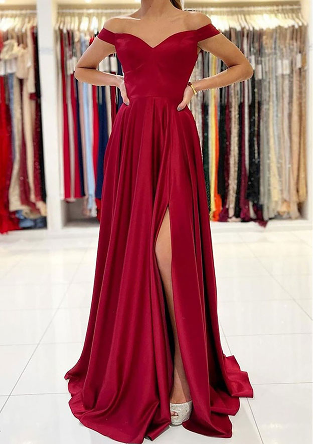 A-Line Off-the-Shoulder Long Satin Prom Dress/Evening Dress with Split - Fashionpara