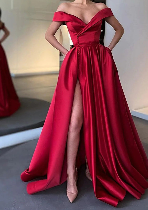 A-Line Off-the-Shoulder Satin Prom Dress/Evening Dress with Pleated Pockets and Split Train - Fashionpara