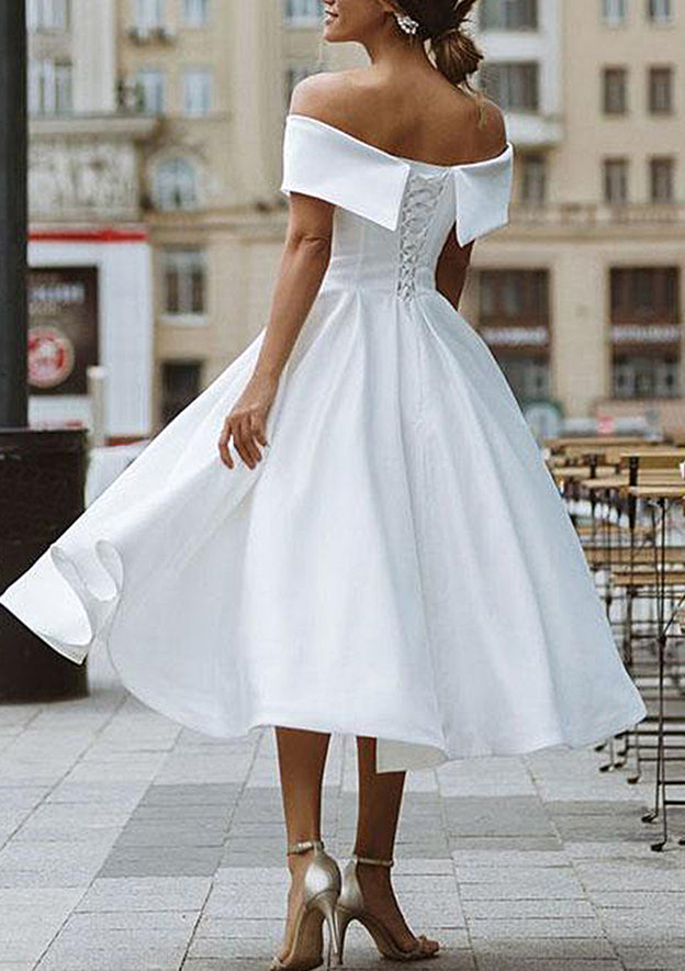 A-Line Off-the-Shoulder Satin Tea-Length Homecoming Dress with Pleated Ruffles - Fashionpara