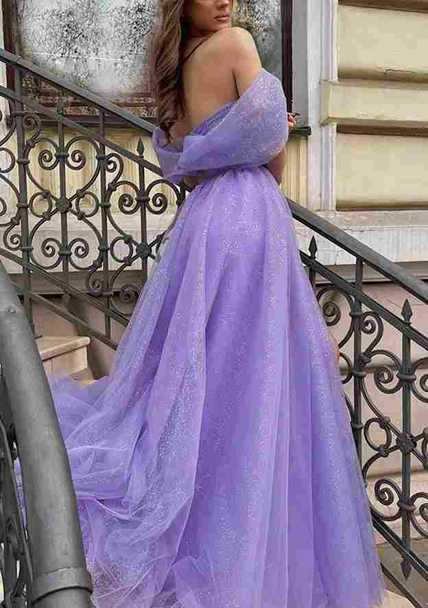 A-Line Off-the-Shoulder Sleeveless Court Train Glitter Tulle Prom Dress/Evening Dress With Split Pleated - Fashionpara