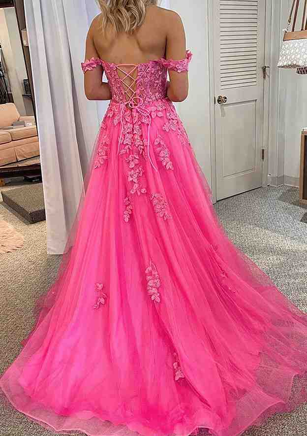 A-Line Off-the-Shoulder Sleeveless Court Train Laced Tulle Prom Dress/Evening Dress With Beading Pockets Split - Fashionpara