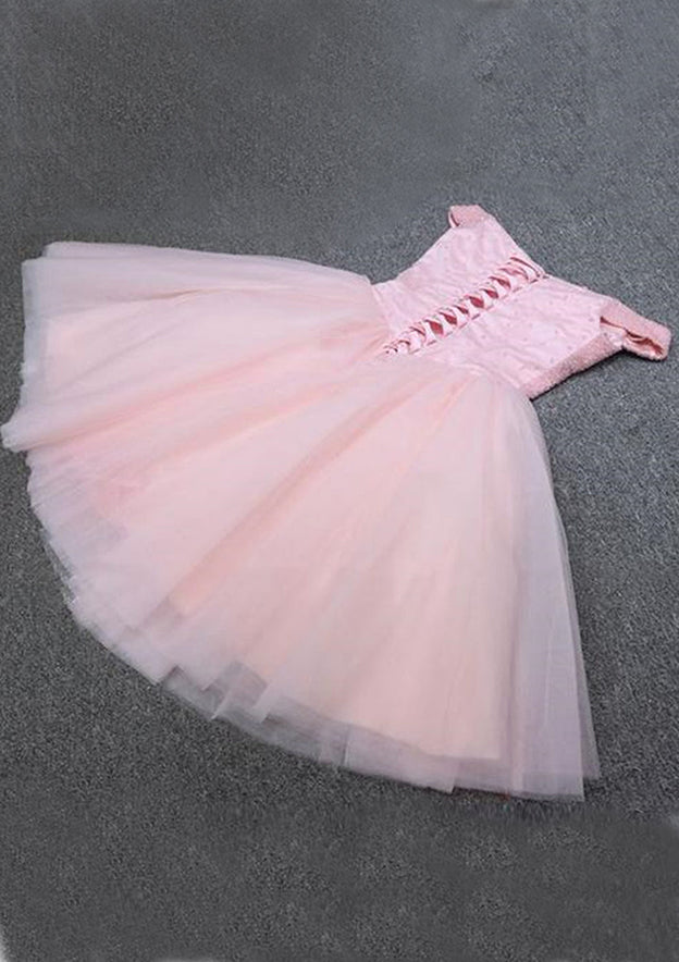 A-Line Off-the-Shoulder Sleeveless Tulle Short/Mini Homecoming Dress with Sequins Beading - Fashionpara