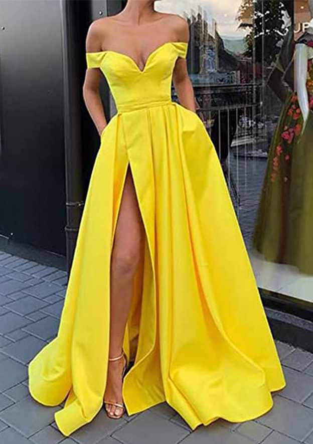 A-Line Off-the-Shoulder Strapless Long Satin Prom Dress/Evening Dress With Split - Fashionpara