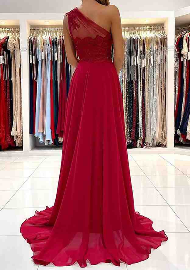 A-Line One-Shoulder Sleeveless Chiffon Sweep Train Prom Dress/Evening Dress With Appliqued Beading - Fashionpara