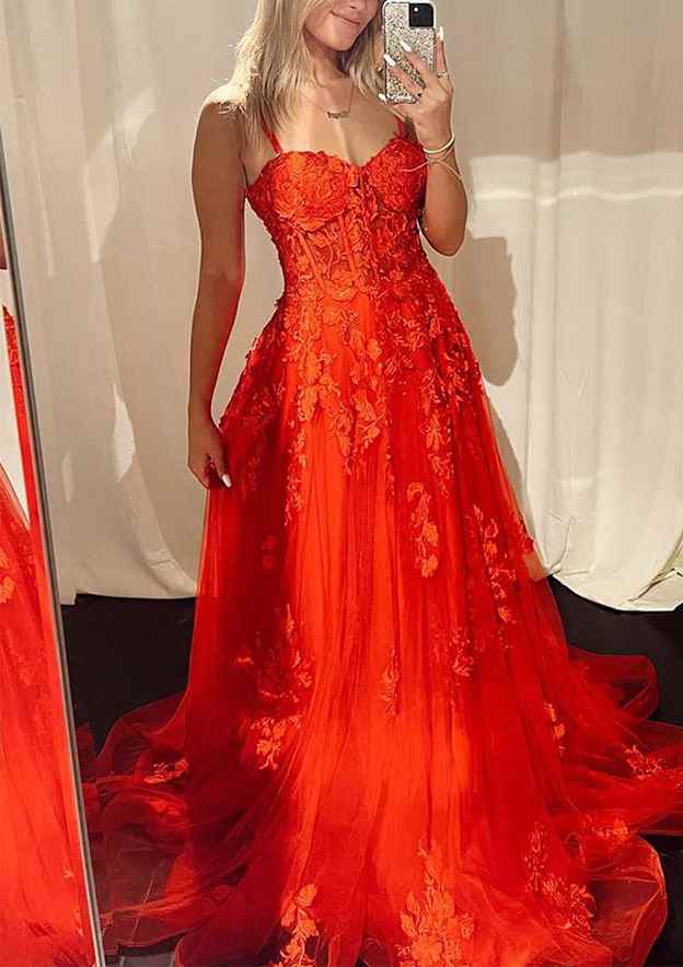 A-Line Princess Sweetheart Sleeveless Tulle Prom Dress/Evening Dress With Appliqued Sweep Train - Fashionpara