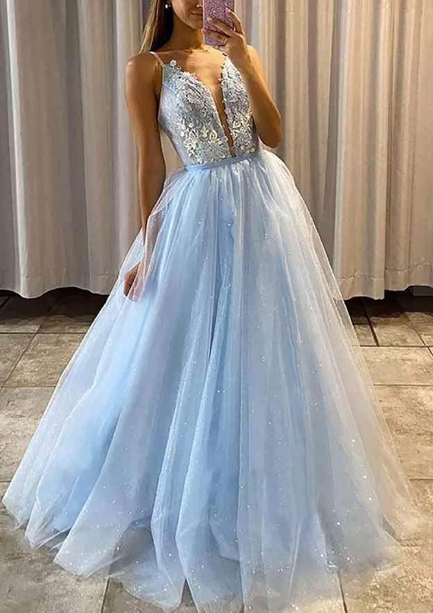 A-Line Princess V-Neck Spaghetti Straps Tulle Prom Dress/Evening Dress With Beaded Appliques - Fashionpara
