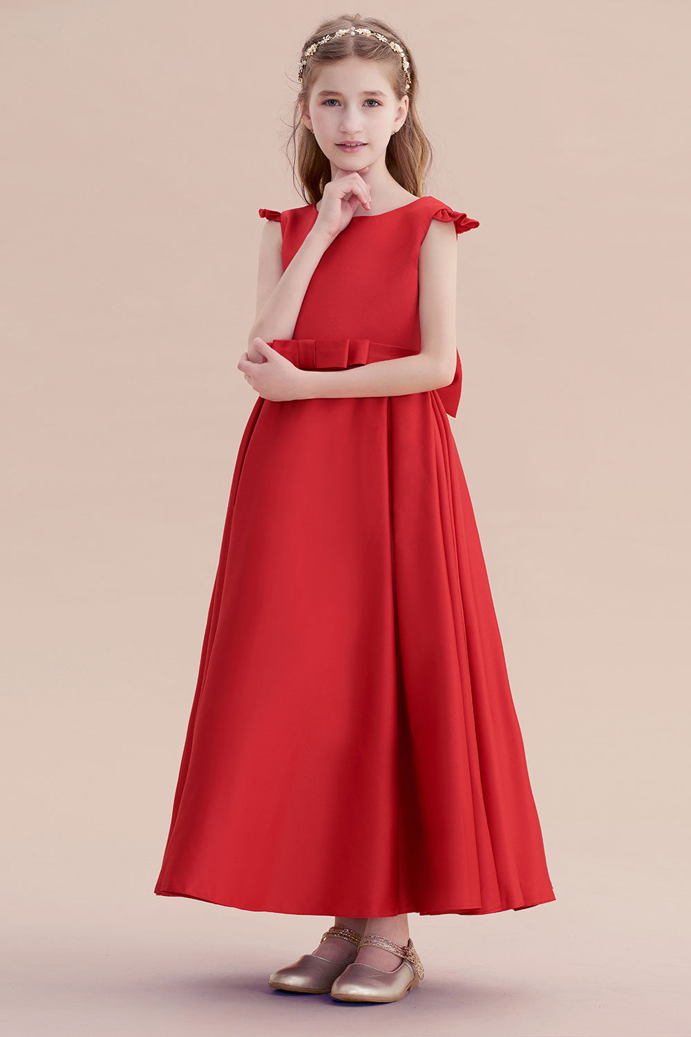 A-Line Satin Bow Ankle Length Flower Girl Dress On Sale - Fashionpara