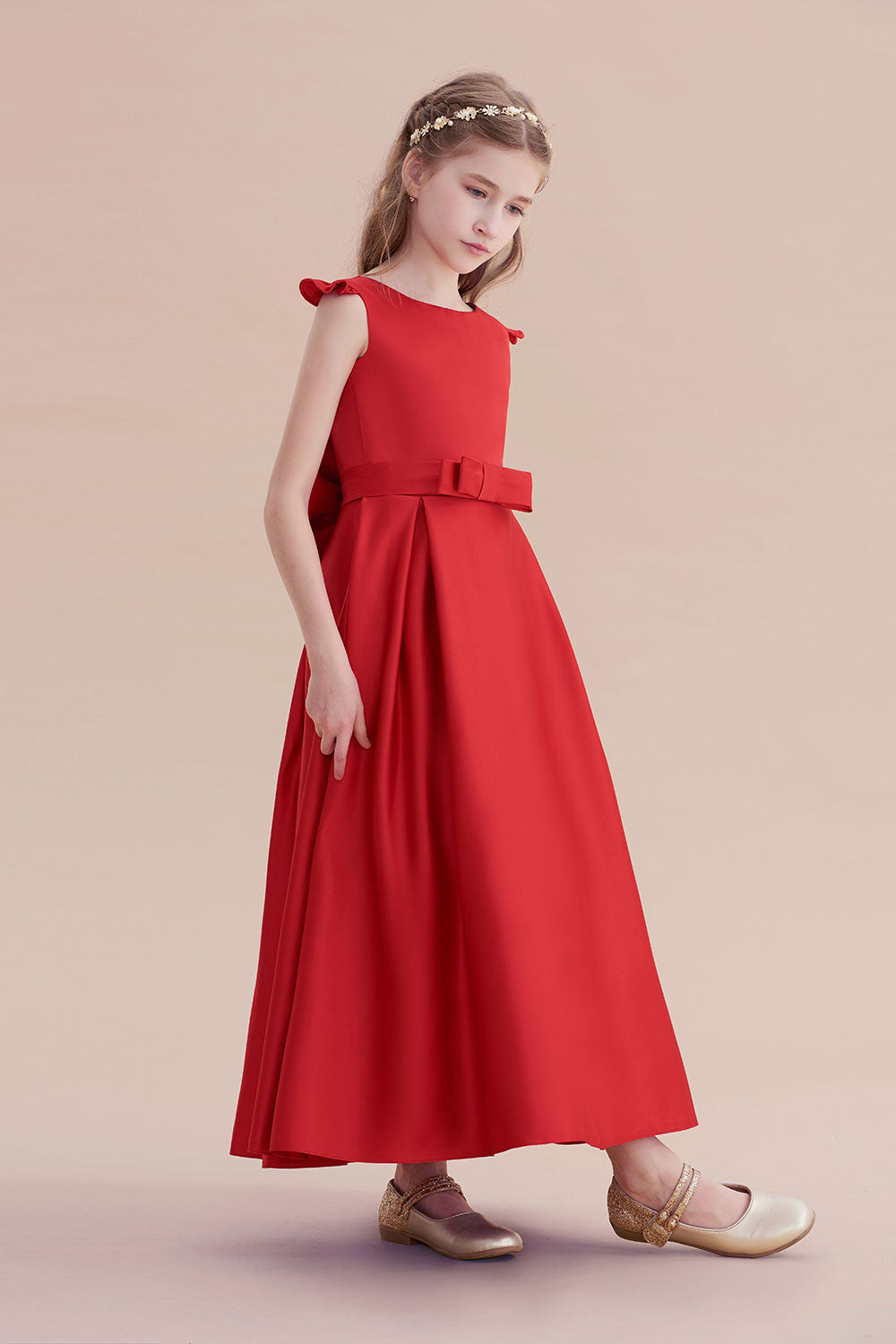 A-Line Satin Bow Ankle Length Flower Girl Dress On Sale - Fashionpara