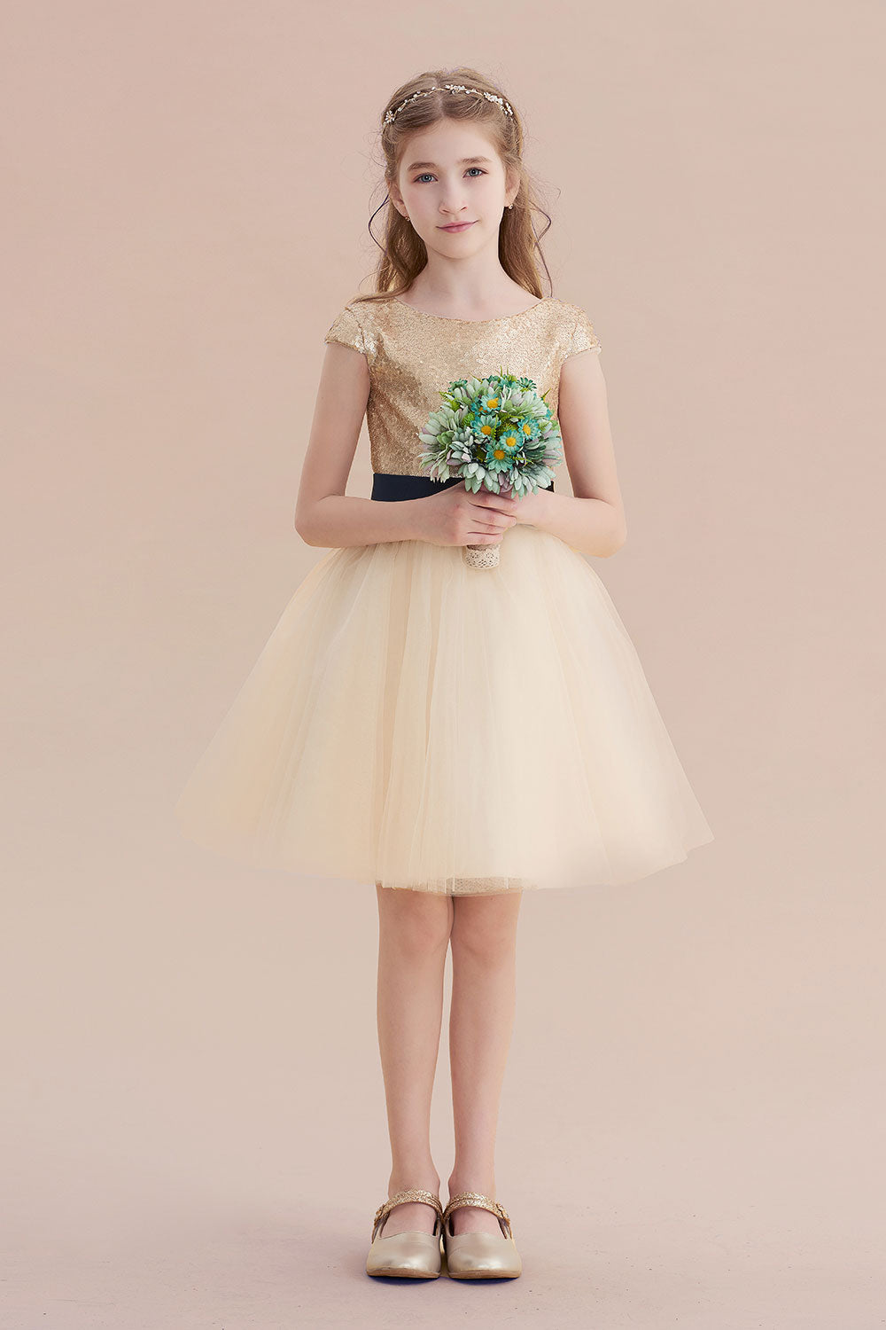 A-Line Sequins Tulle Cap Sleeve Flower Girl Dress - Fashionpara