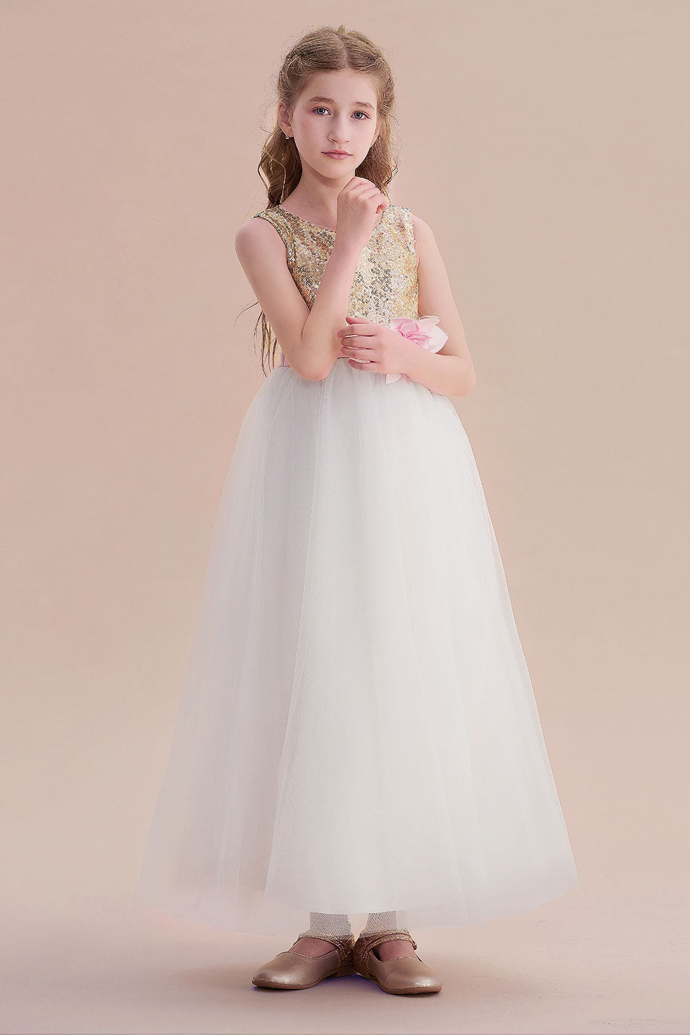 A-Line Sequins Tulle High-waisted Flower Girl Dress On Sale - Fashionpara