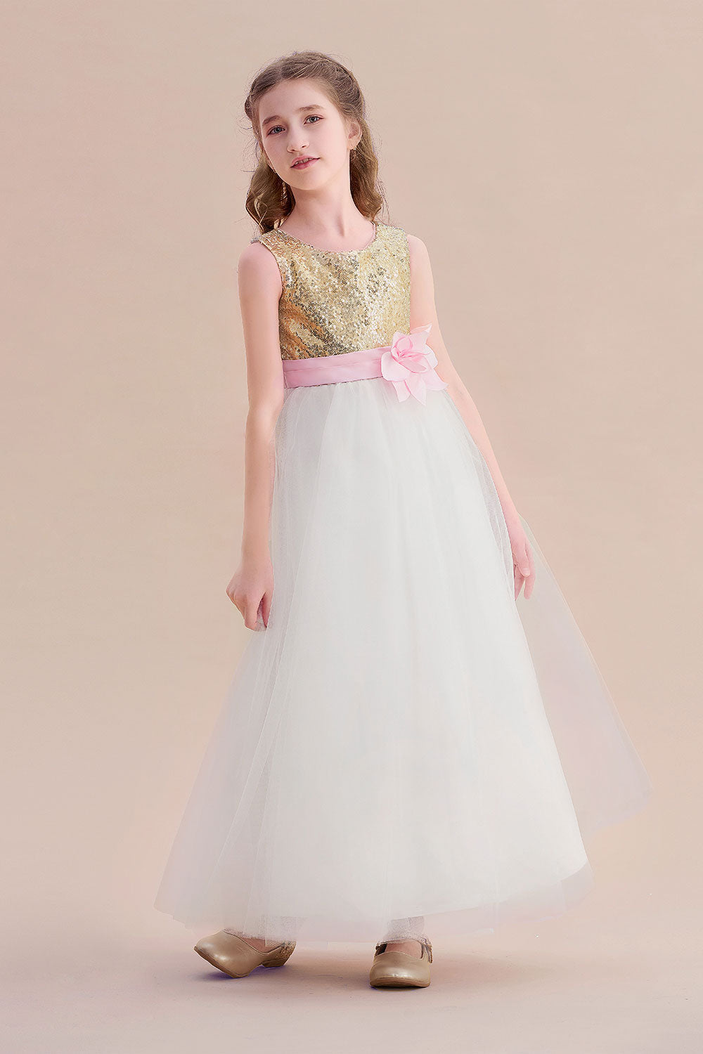 A-Line Sequins Tulle High-waisted Flower Girl Dress On Sale - Fashionpara