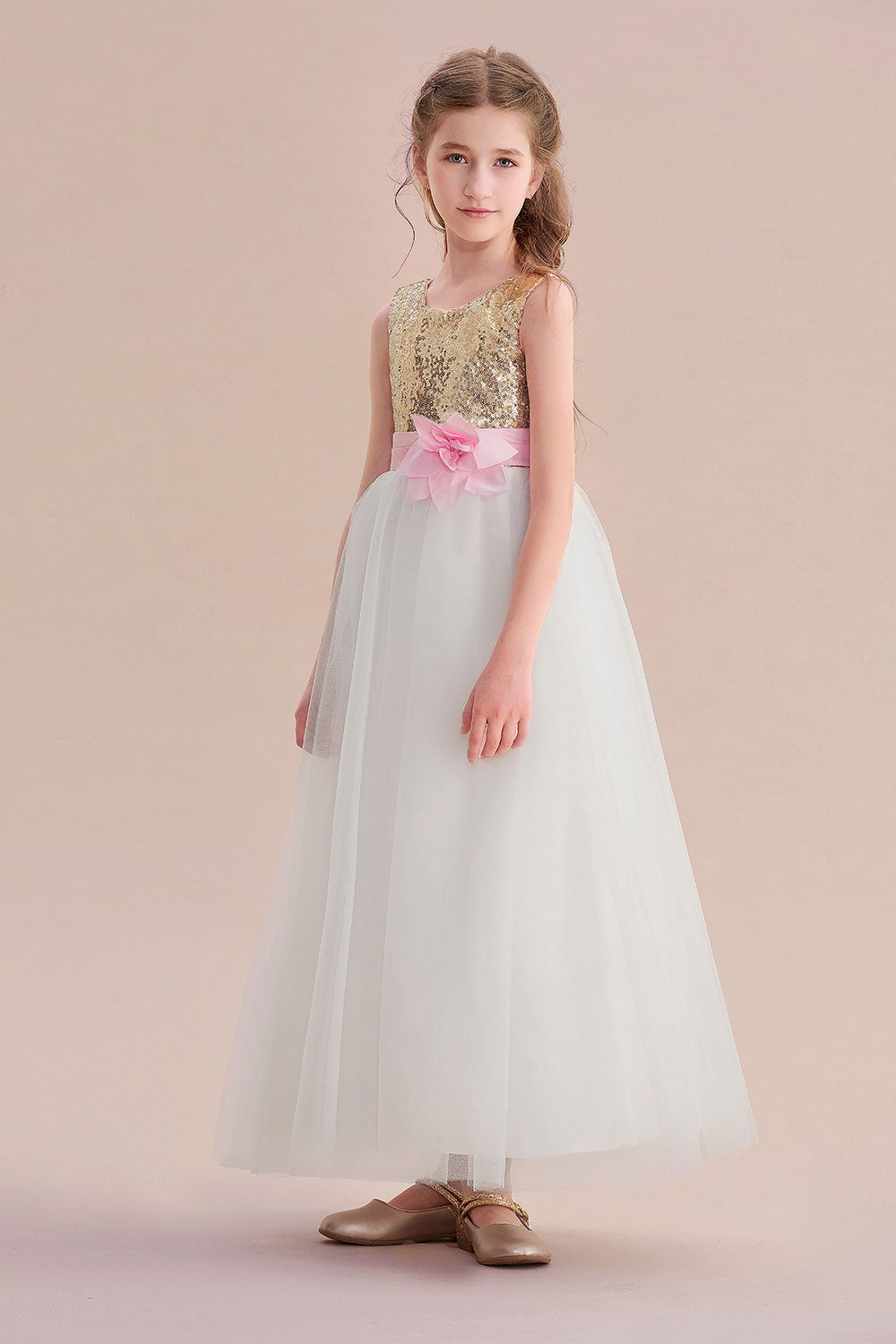 A-Line Sequins Tulle High-waisted Flower Girl Dress On Sale - Fashionpara
