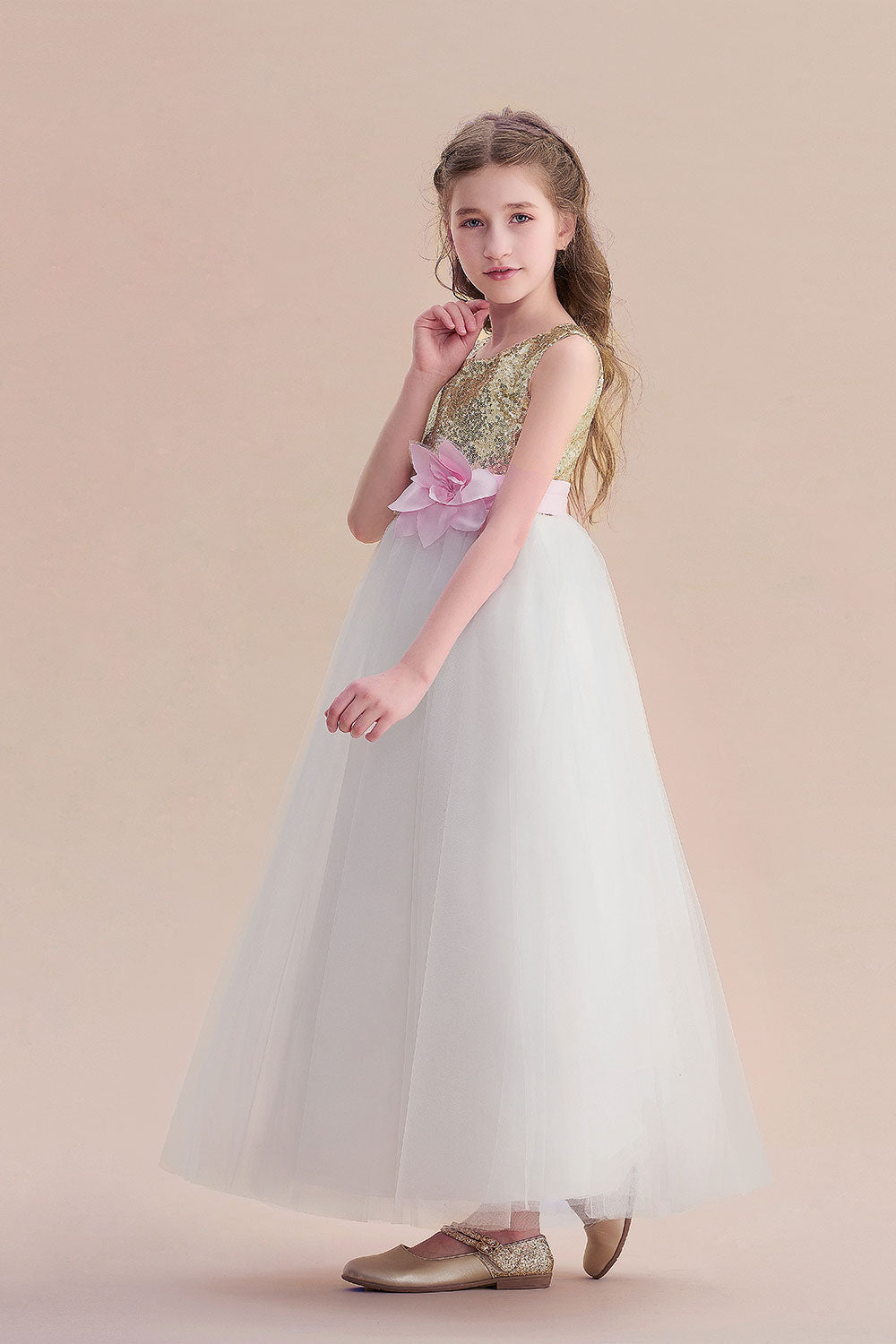 A-Line Sequins Tulle High-waisted Flower Girl Dress On Sale - Fashionpara