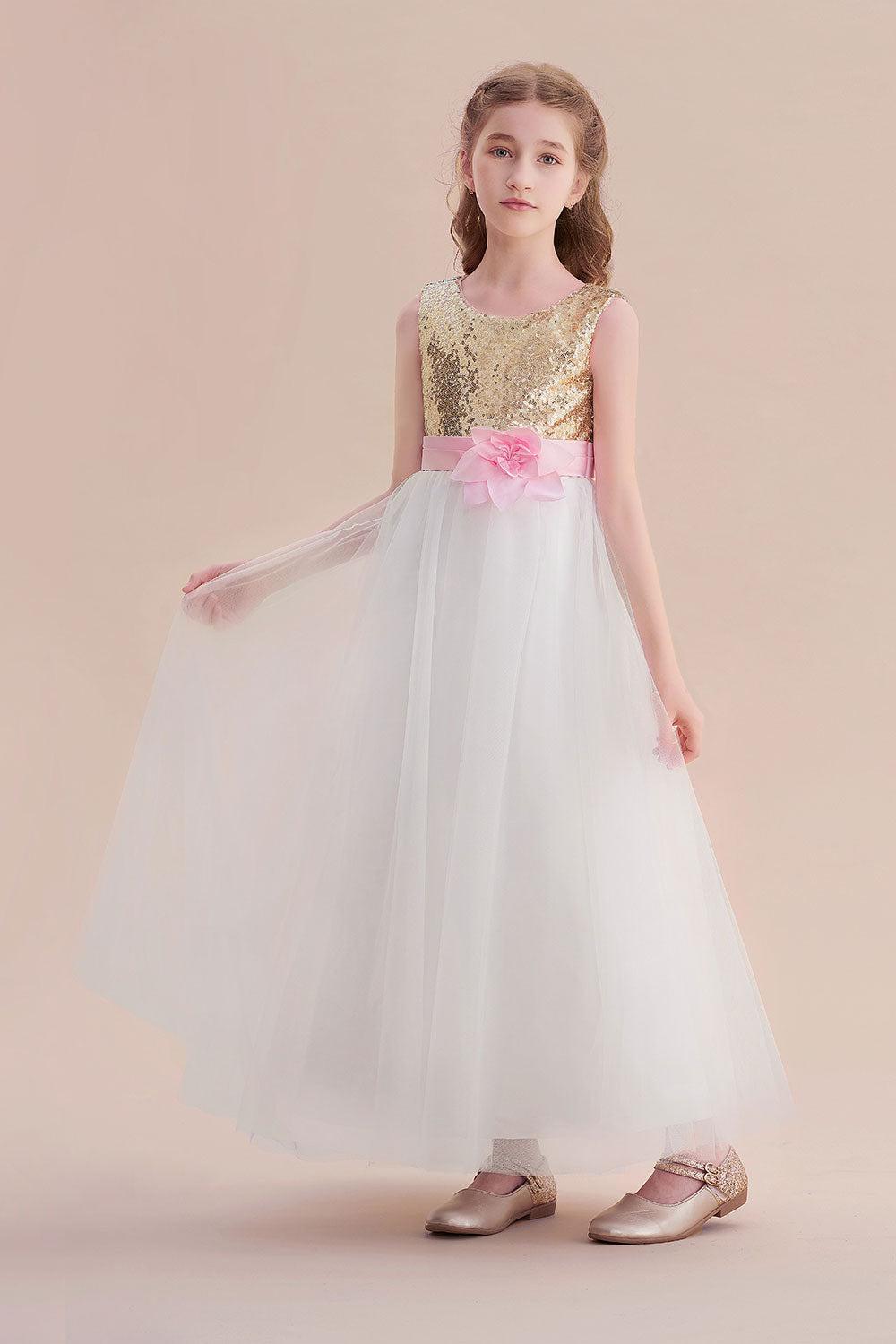 A-Line Sequins Tulle High-waisted Flower Girl Dress On Sale - Fashionpara