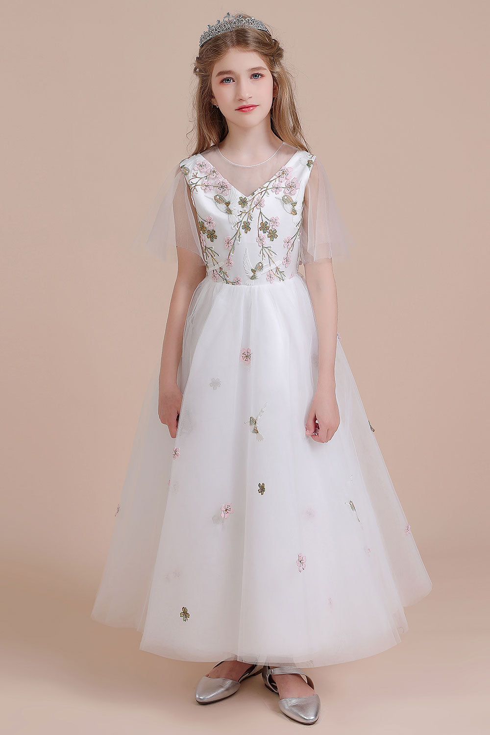 A-Line Short Sleeve Embroidered Tulle Flower Girl Dress On Sale - Fashionpara