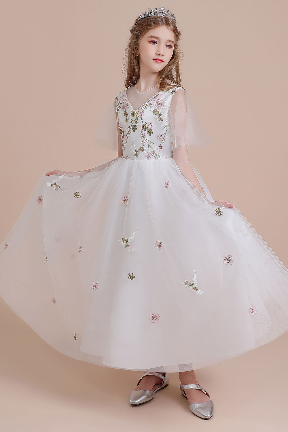 A-Line Short Sleeve Embroidered Tulle Flower Girl Dress On Sale - Fashionpara