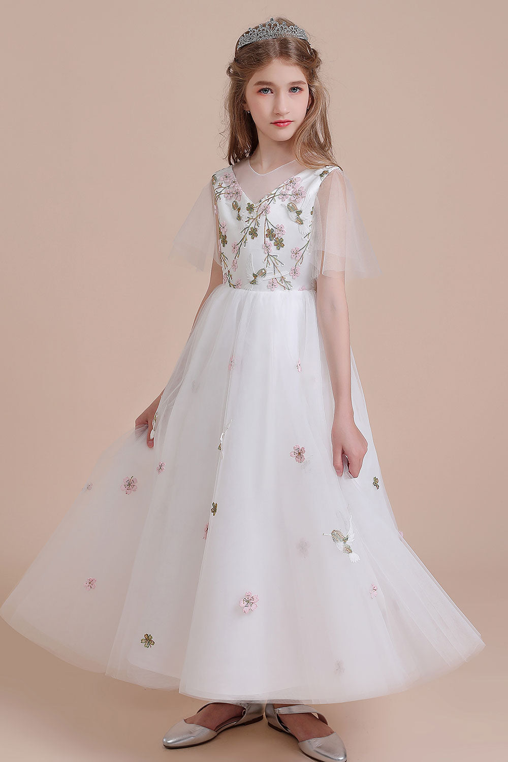 A-Line Short Sleeve Embroidered Tulle Flower Girl Dress On Sale - Fashionpara
