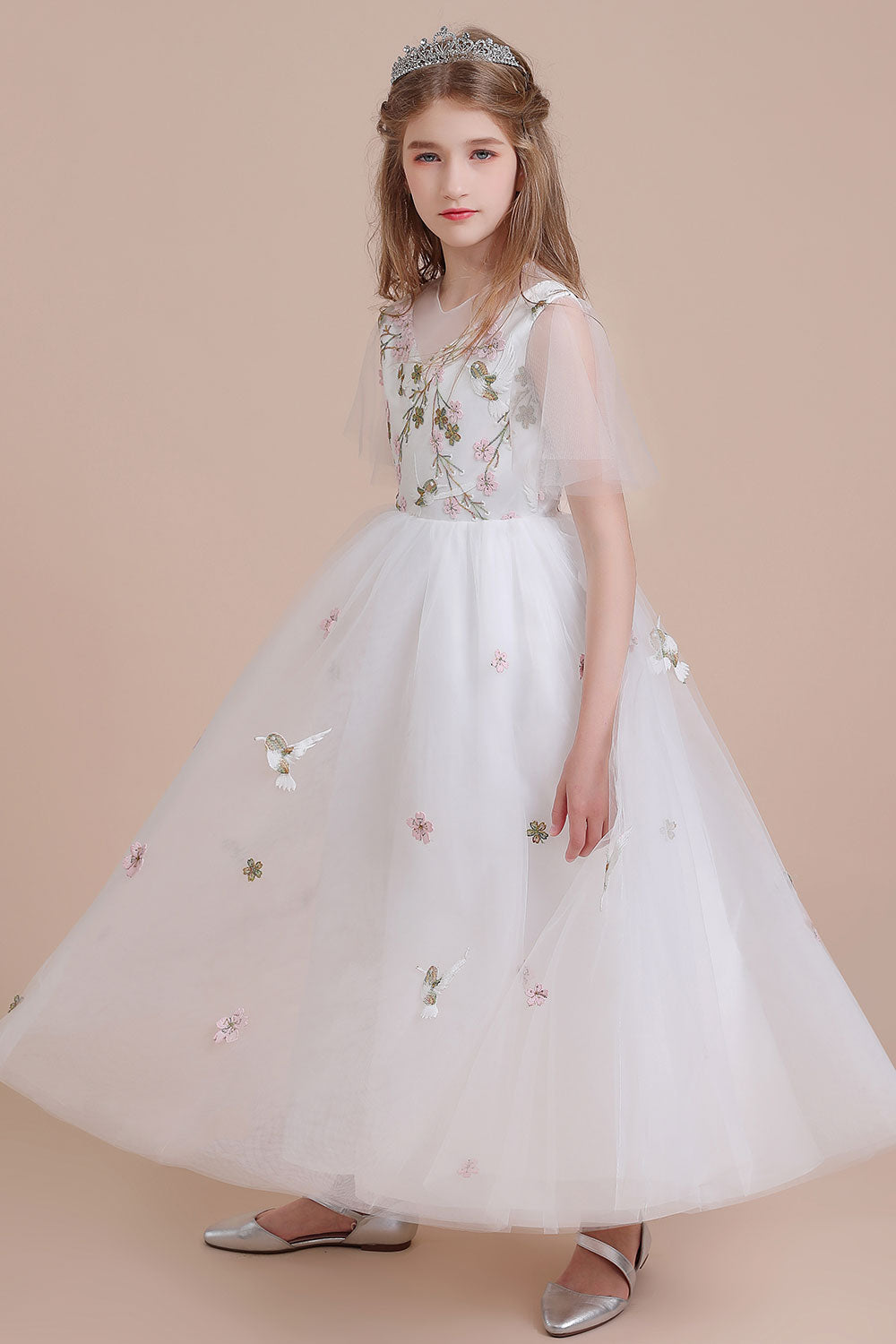 A-Line Short Sleeve Embroidered Tulle Flower Girl Dress On Sale - Fashionpara